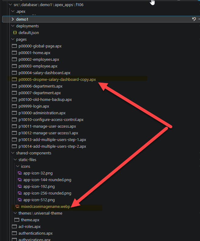 VS Code Explorer showing a stale page 5 file and a lowercased mixed-case static filename after a readable-mode export