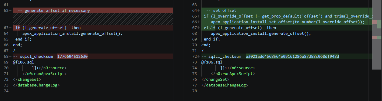 Git diff showing new offset handling and a changed checksum format in the generated f106 XML controller