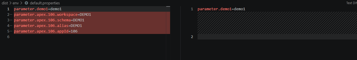 Git diff showing SQLcl stage removing four APEX deployment properties from default.properties