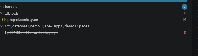 Git changes showing page 100 removed from the APEXlang source after it was deleted in APEX Builder