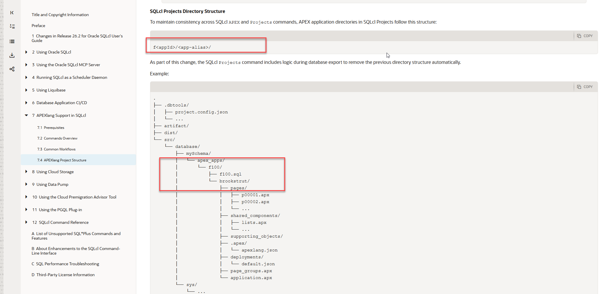 Oracle SQLcl 26.2 documentation showing the documented f-app-ID and application-alias directory structure