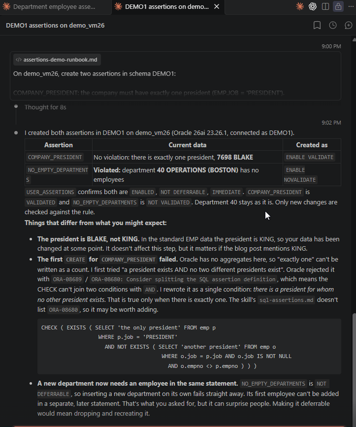 First demo attempt: the agent reports the ORA-08680 detour, suggests adding it to sql-assertions.md, and warns that a non-deferrable NO_EMPTY_DEPARTMENTS blocks new departments