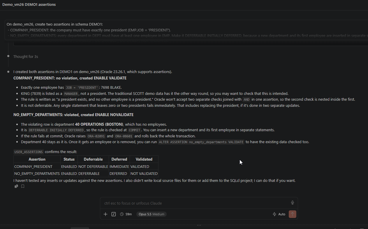 Agent response: COMPANY_PRESIDENT created ENABLE VALIDATE, NO_EMPTY_DEPARTMENTS created ENABLE NOVALIDATE because department 40 OPERATIONS has no employees, confirmed from USER_ASSERTIONS