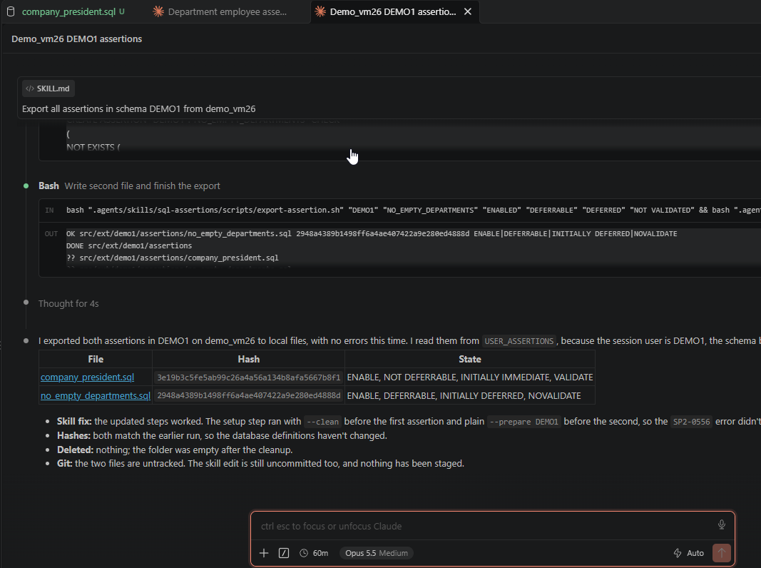 Agent response for the schema export: two files written, with their hashes and states, read from USER_ASSERTIONS