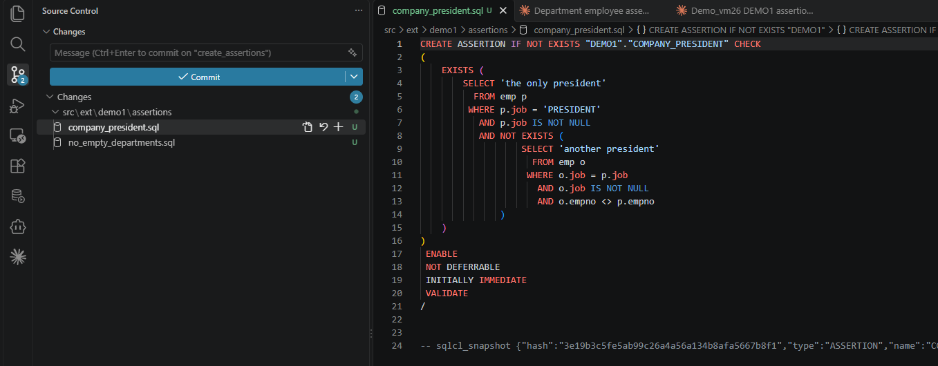 VS Code Source Control with company_president.sql and no_empty_departments.sql under src/ext/demo1/assertions, and company_president.sql open with its state clauses and snapshot line