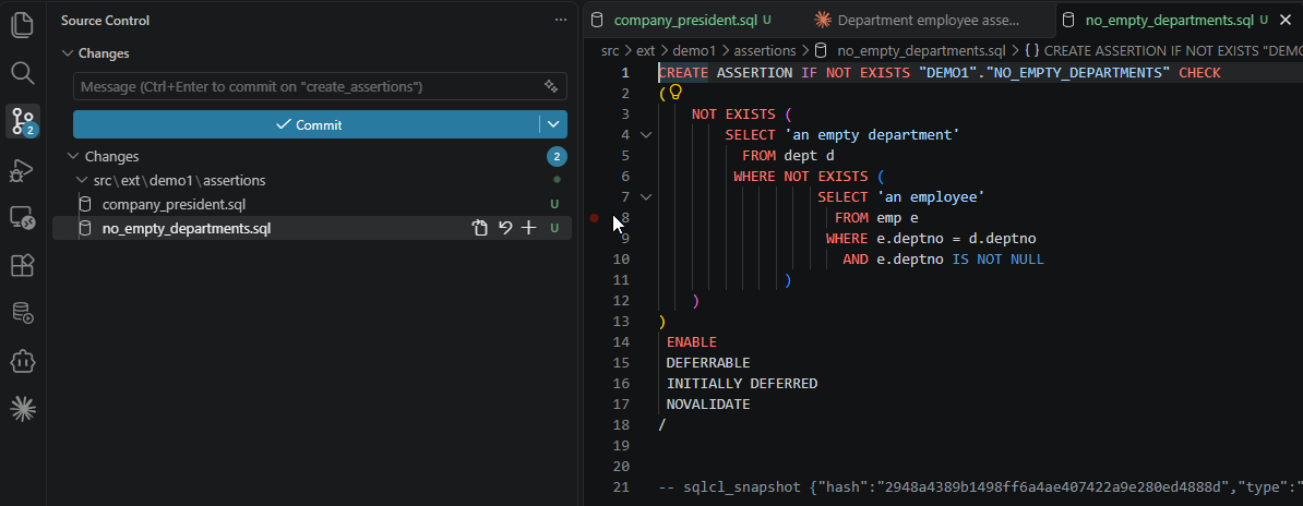 no_empty_departments.sql open in VS Code: NOT EXISTS condition over DEPT and EMP, then ENABLE, DEFERRABLE, INITIALLY DEFERRED, NOVALIDATE, a slash and the snapshot line