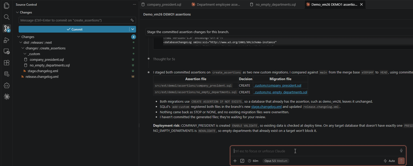 Agent response: both assertion files staged as CREATE against the merge base with main, with the custom migration files, changelog registration and a deployment risk note