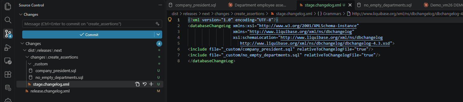 stage.changelog.xml for the create_assertions branch, including _custom/company_president.sql and _custom/no_empty_departments.sql
