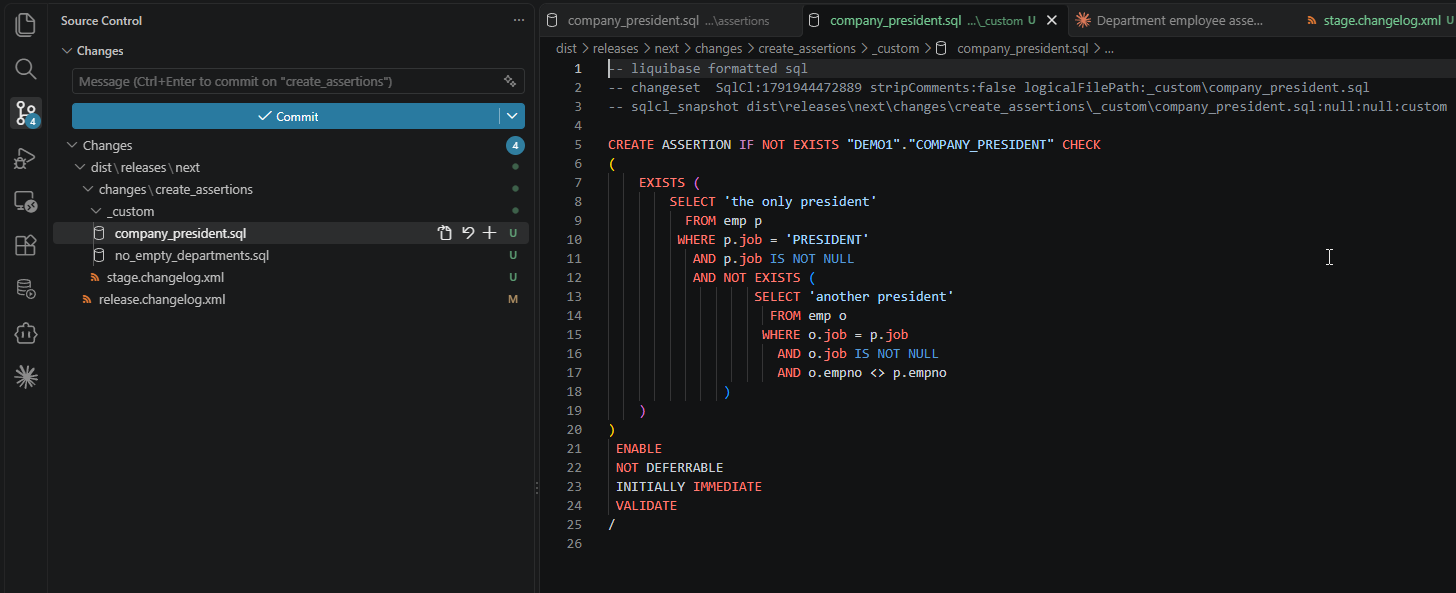 The staged custom file company_president.sql with the Liquibase changeset header and the CREATE ASSERTION IF NOT EXISTS statement
