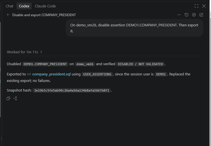 Codex response: COMPANY_PRESIDENT disabled and verified as DISABLED / NOT VALIDATED, exported from USER_ASSERTIONS with snapshot hash 3e19b3c5fe5ab99c26a4a56a134b8afa5667b8f1