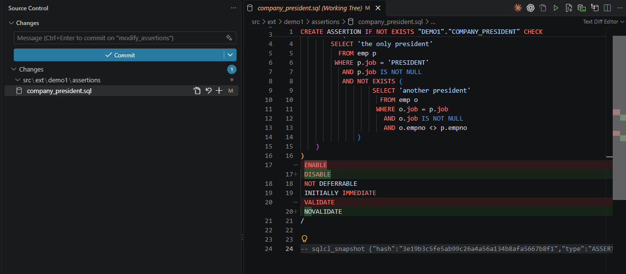 Git diff of company_president.sql: only ENABLE changed to DISABLE and VALIDATE to NOVALIDATE, the CHECK condition and the snapshot hash are unchanged
