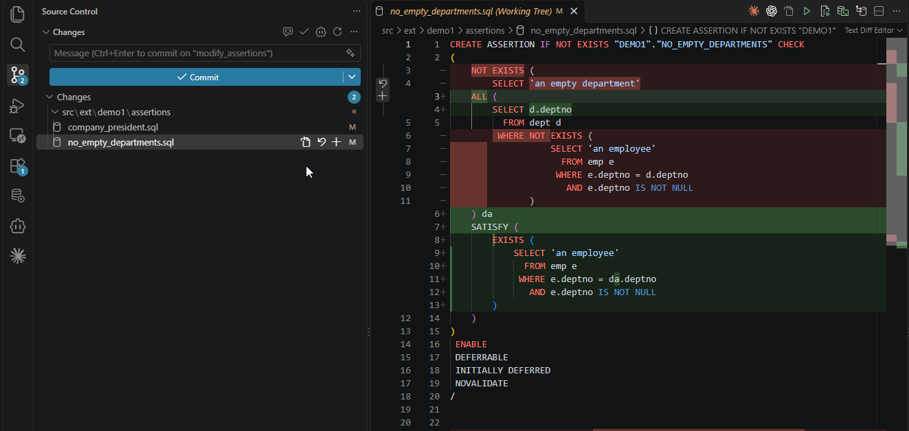 Git diff of no_empty_departments.sql: the NOT EXISTS condition replaced by ALL (select d.deptno from dept d) da SATISFY (EXISTS an employee in that department), with the four state clauses unchanged