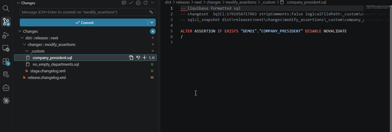 Custom file company_president.sql for modify_assertions: Liquibase header and a single ALTER ASSERTION IF EXISTS "DEMO1"."COMPANY_PRESIDENT" DISABLE NOVALIDATE statement