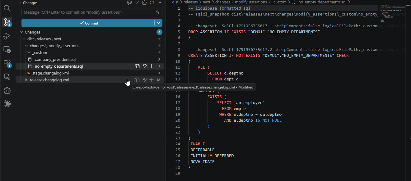 Custom file no_empty_departments.sql split into changeset .1 with DROP ASSERTION IF EXISTS and changeset .2 with CREATE ASSERTION IF NOT EXISTS in the ALL ... SATISFY form